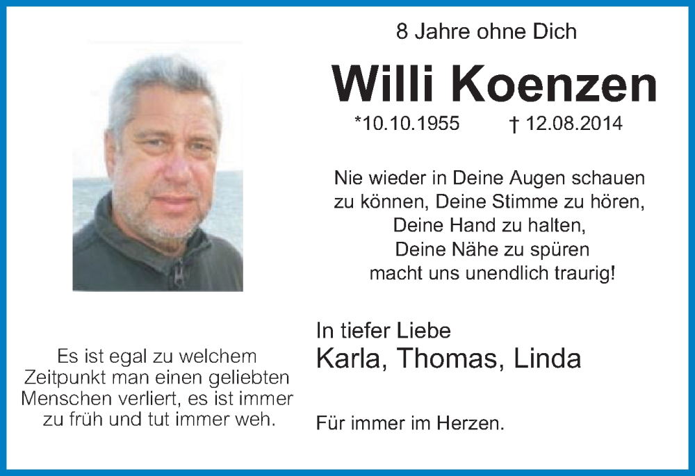 Traueranzeige für Willi Koenzen vom 13.08.2022 aus Tageszeitung