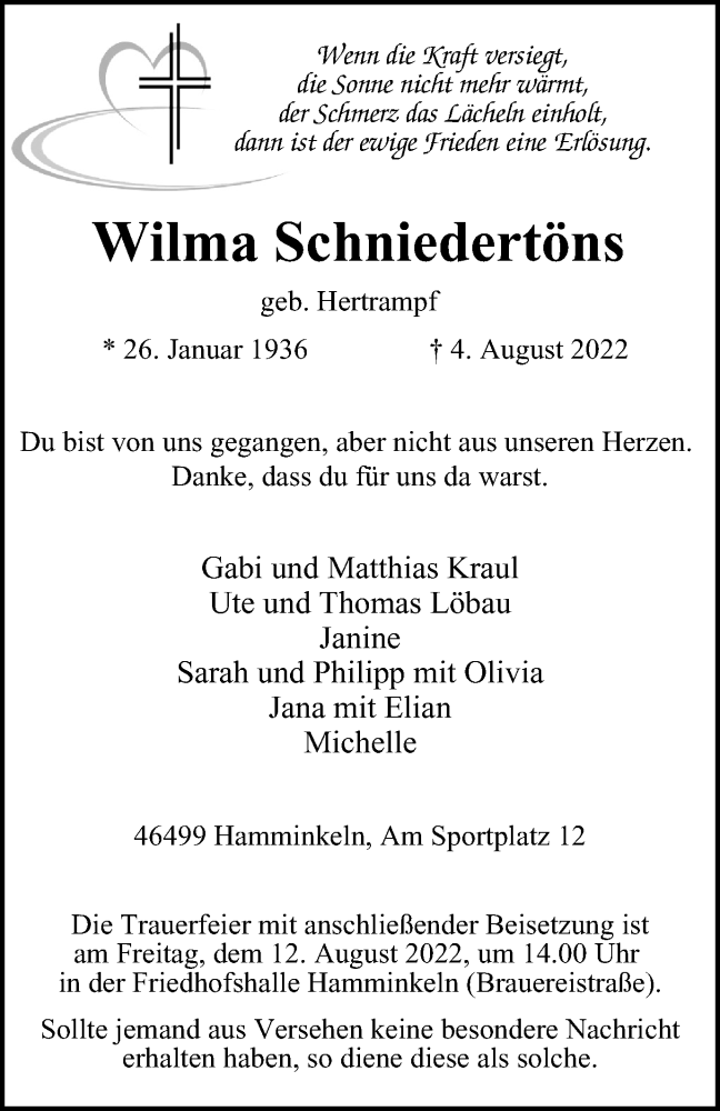  Traueranzeige für Wilma Schniedertöns vom 09.08.2022 aus waz