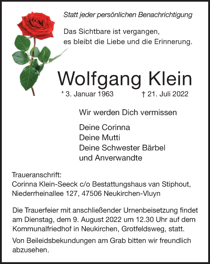  Traueranzeige für Wolfgang Klein vom 05.08.2022 aus waz