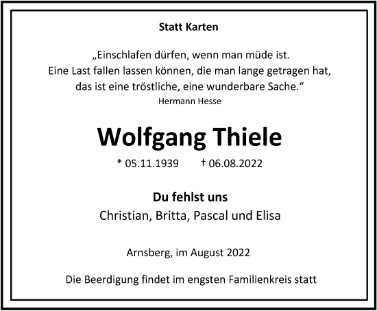 Traueranzeige von Wolfgang Thiele von waz