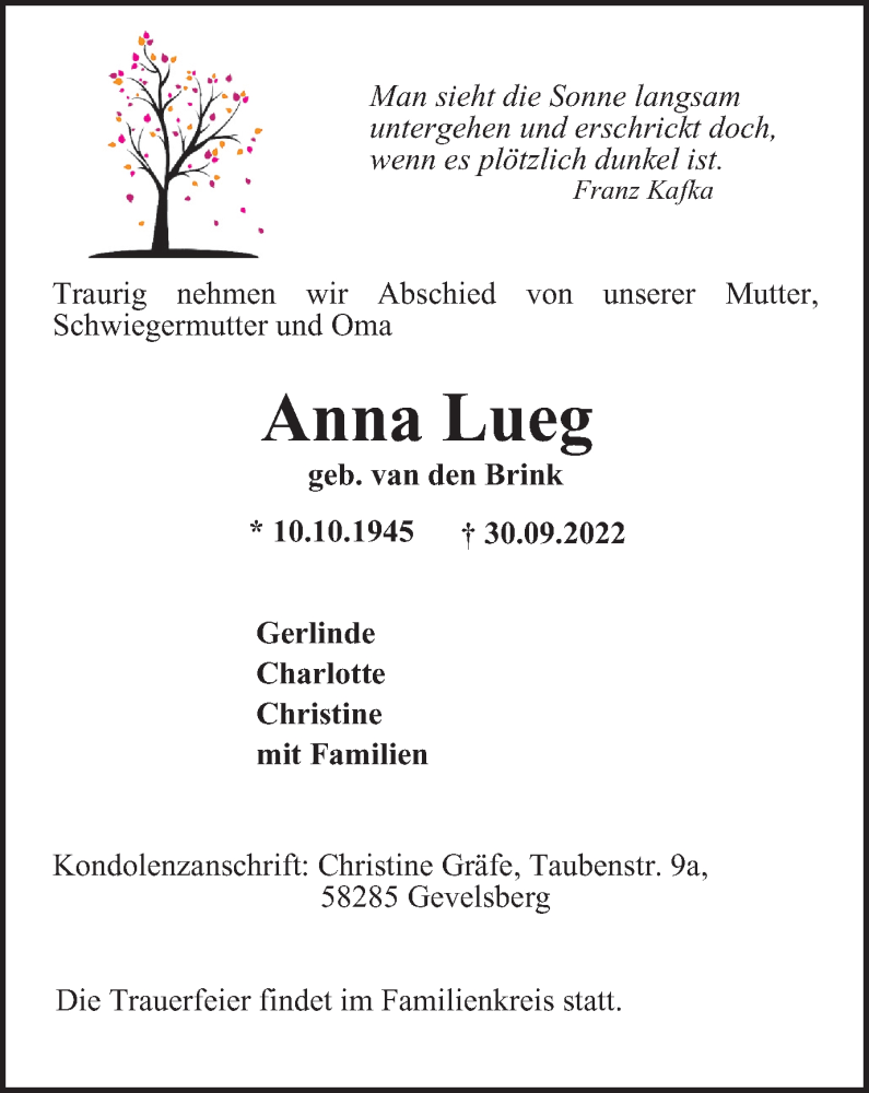  Traueranzeige für Anna Lueg vom 01.10.2022 aus waz