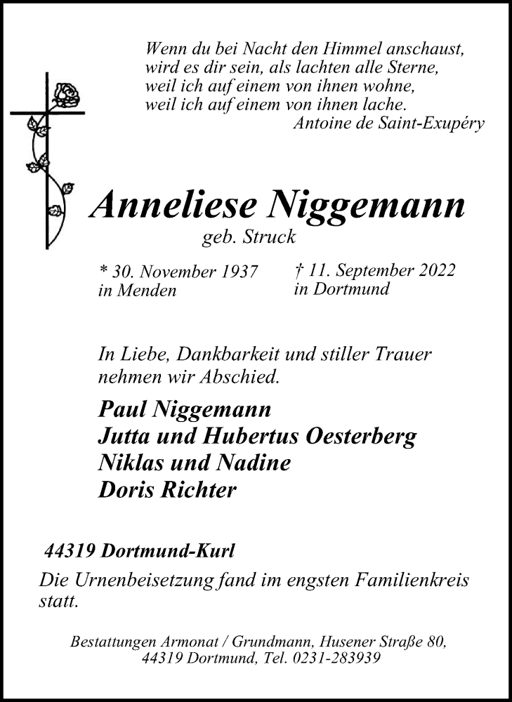  Traueranzeige für Anneliese Niggemann vom 22.09.2022 aus waz