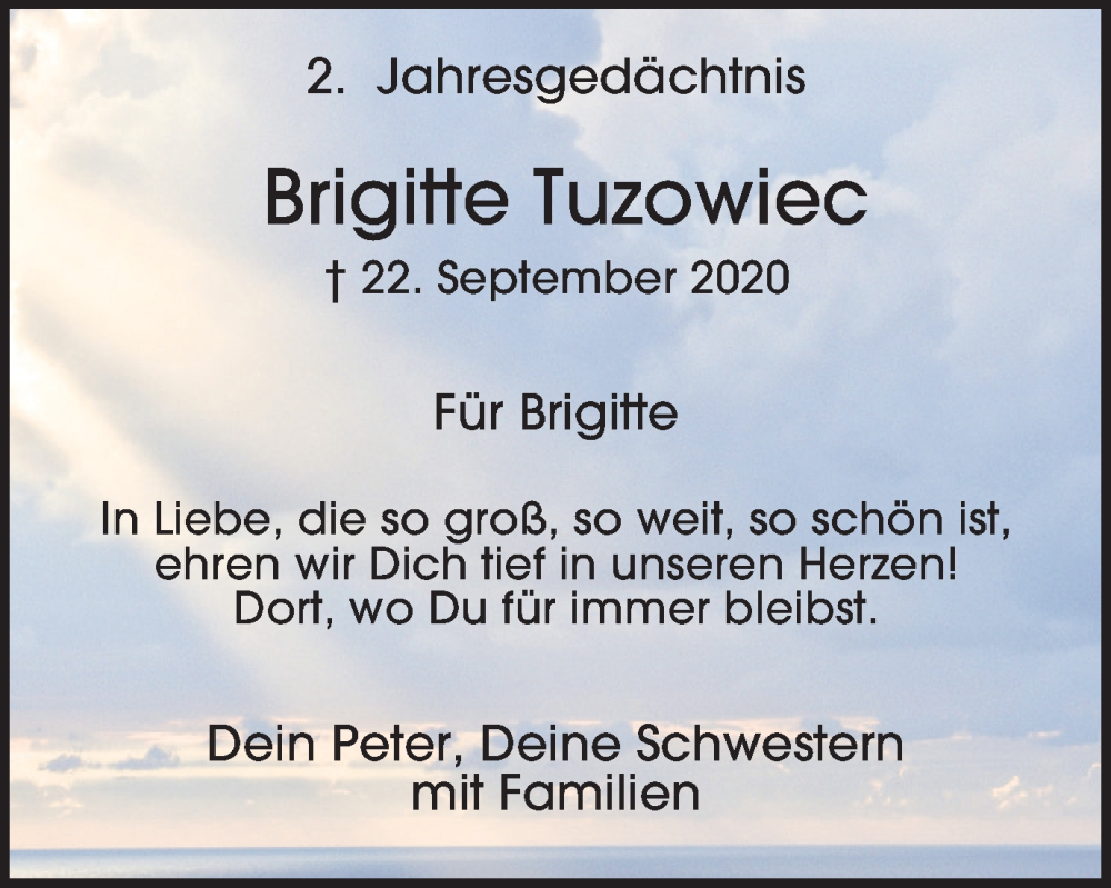  Traueranzeige für Brigitte Tuzowiec vom 22.09.2022 aus Tageszeitung