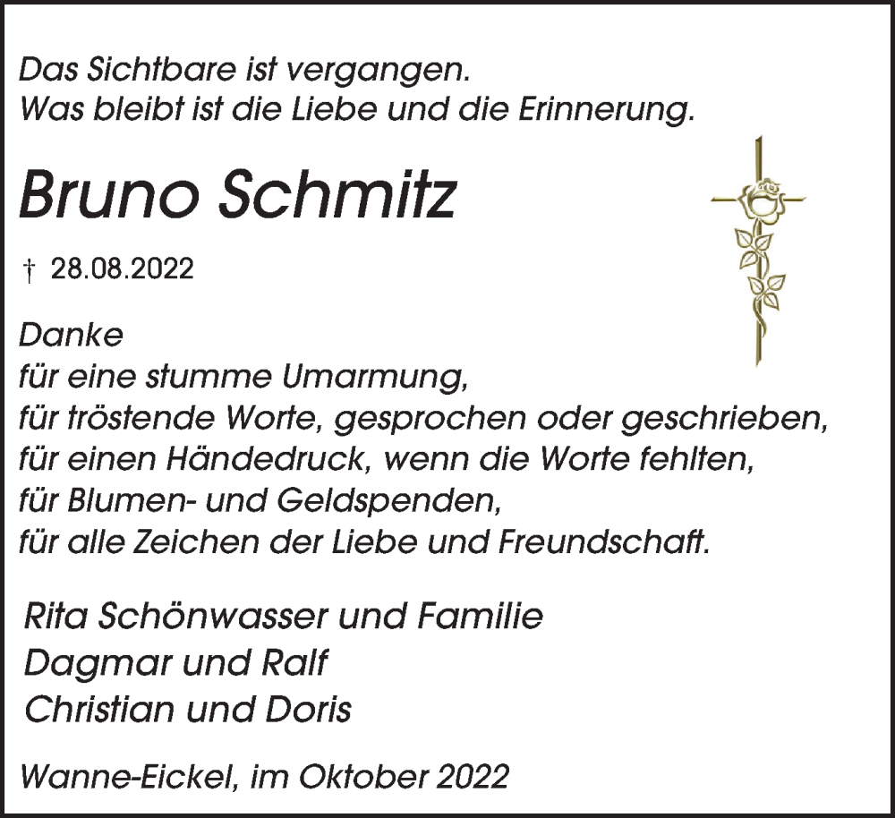  Traueranzeige für Bruno Schmitz vom 01.10.2022 aus waz