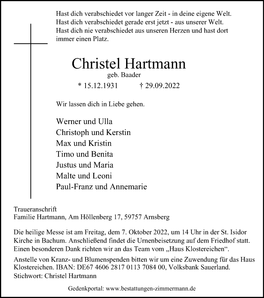  Traueranzeige für Christel Hartmann vom 01.10.2022 aus waz