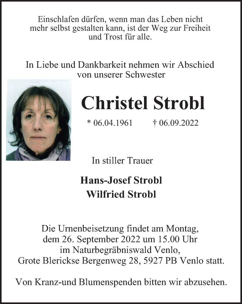  Traueranzeige für Christel Strobl vom 22.09.2022 aus waz