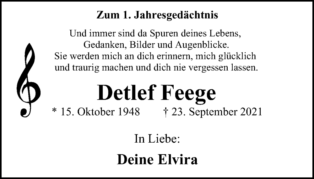  Traueranzeige für Detlef Feege vom 23.09.2022 aus Tageszeitung