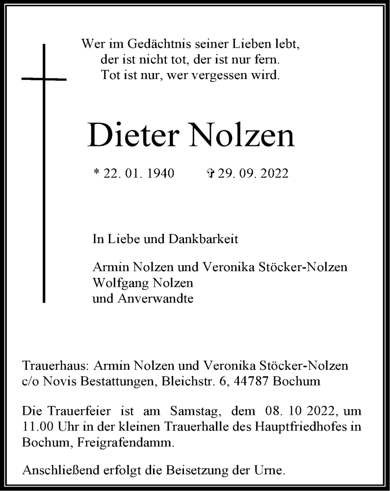  Traueranzeige für Dieter Nolzen vom 01.10.2022 aus waz