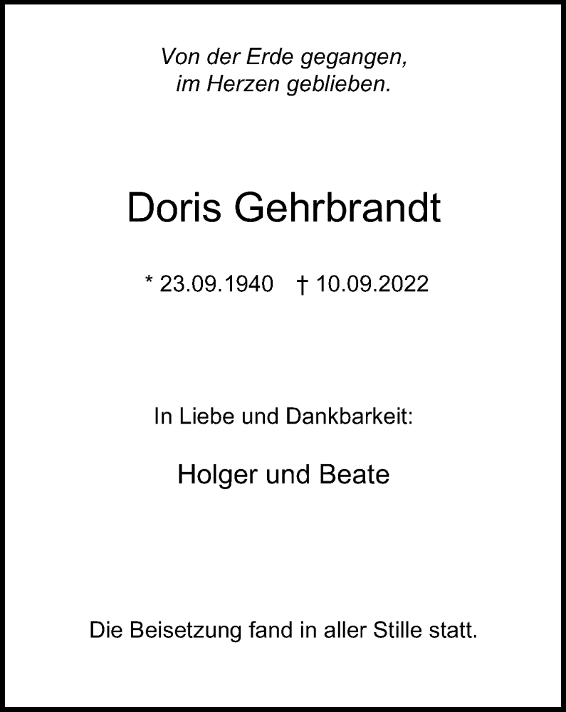  Traueranzeige für Doris Gehrbrandt vom 22.09.2022 aus waz