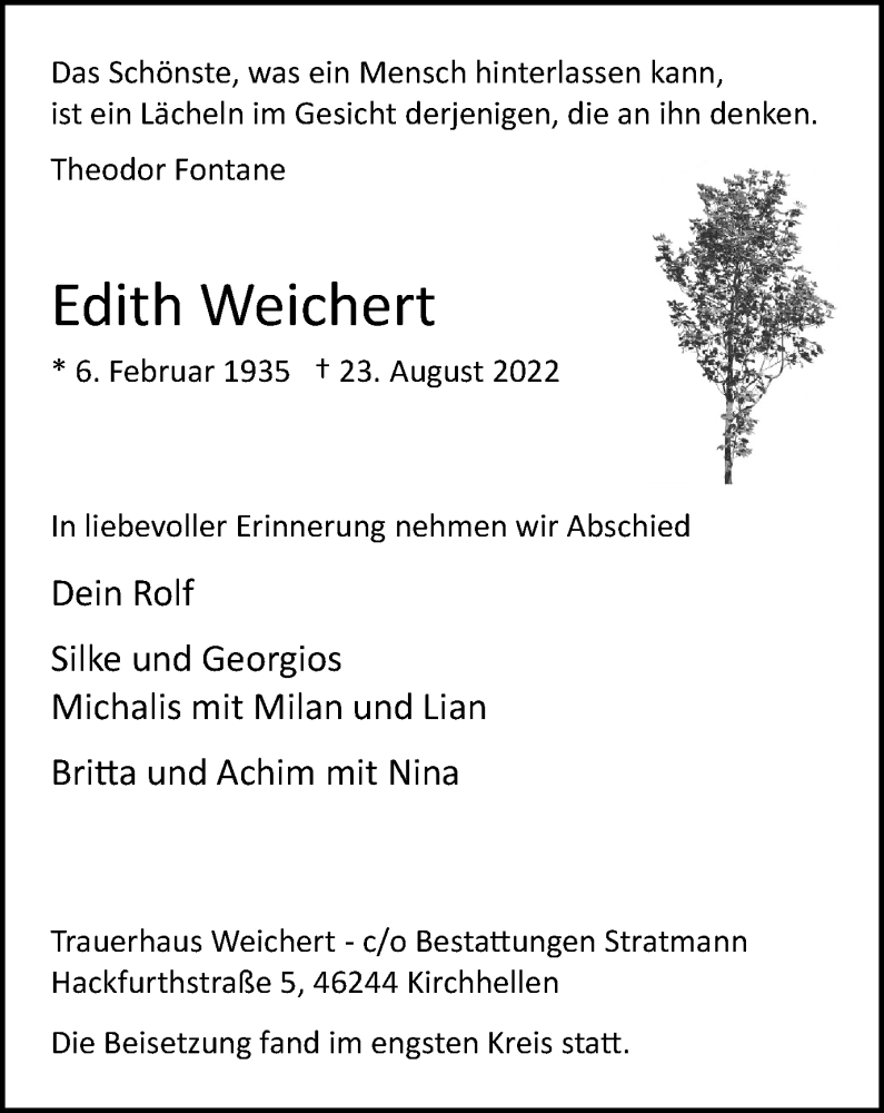  Traueranzeige für Edith Weichert vom 17.09.2022 aus Tageszeitung