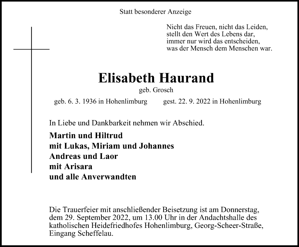  Traueranzeige für Elisabeth Haurand vom 24.09.2022 aus waz