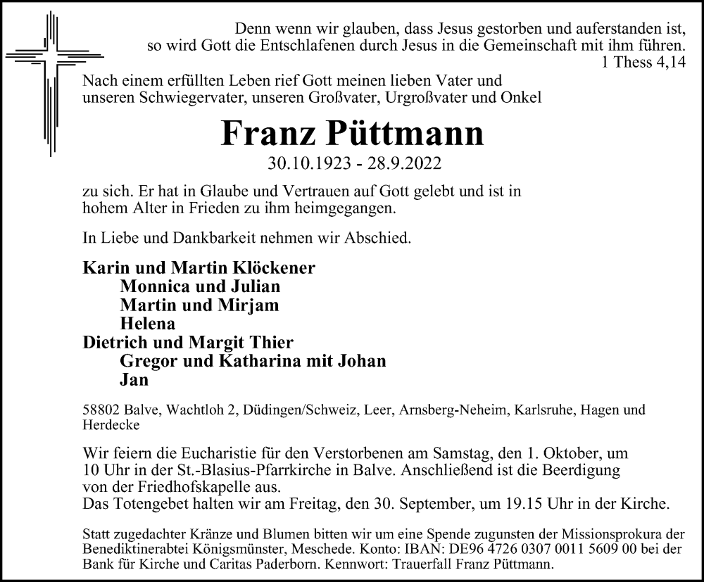  Traueranzeige für Franz Püttmann vom 30.09.2022 aus waz