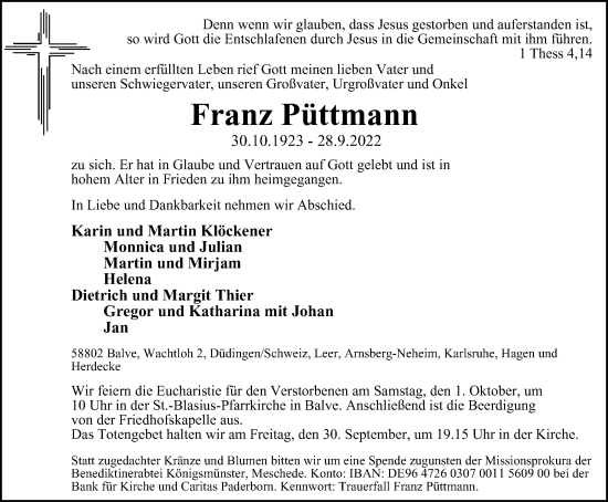 Traueranzeige von Franz Püttmann von waz