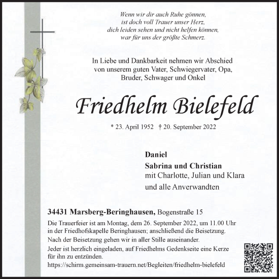 Traueranzeige von Friedhelm Bielefeld von waz