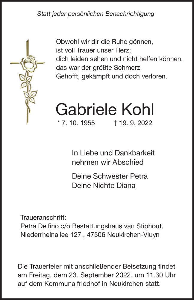  Traueranzeige für Gabriele Kohl vom 21.09.2022 aus waz