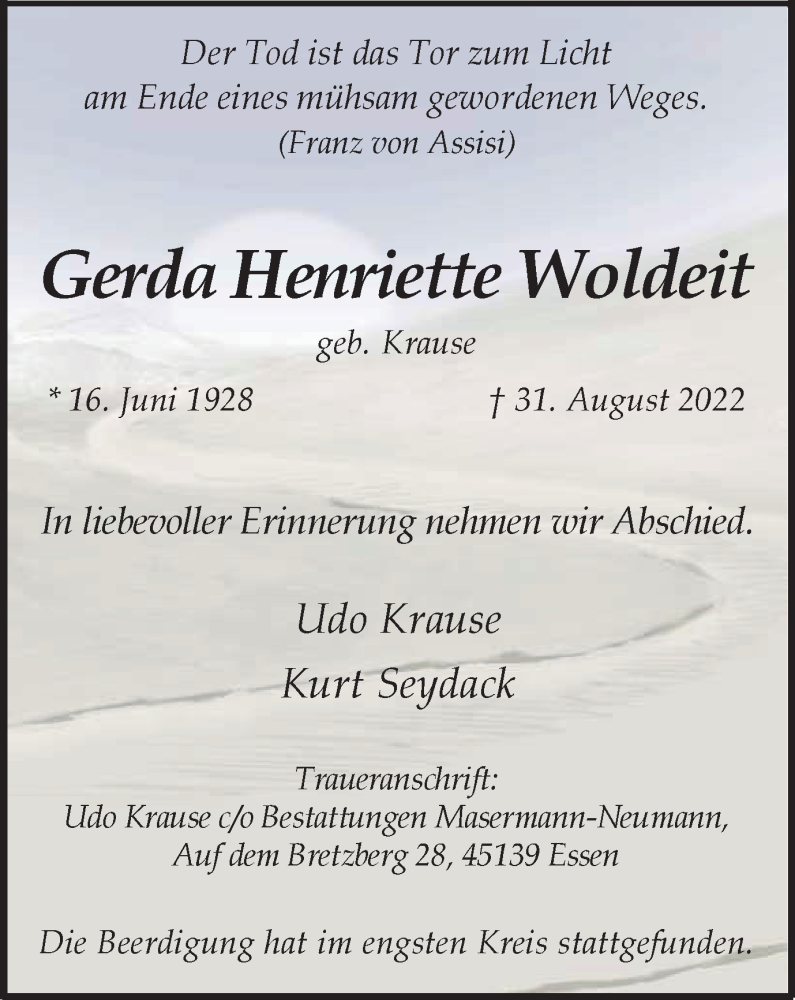  Traueranzeige für Gerda Henriette Woldeit vom 01.10.2022 aus waz