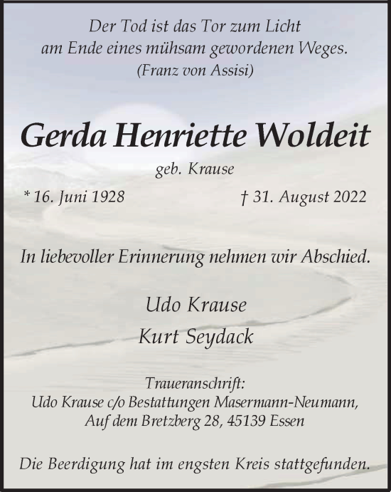Traueranzeige von Gerda Henriette Woldeit von waz