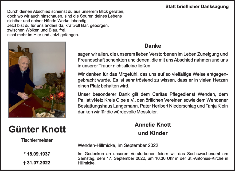  Traueranzeige für Günter Knott vom 10.09.2022 aus waz