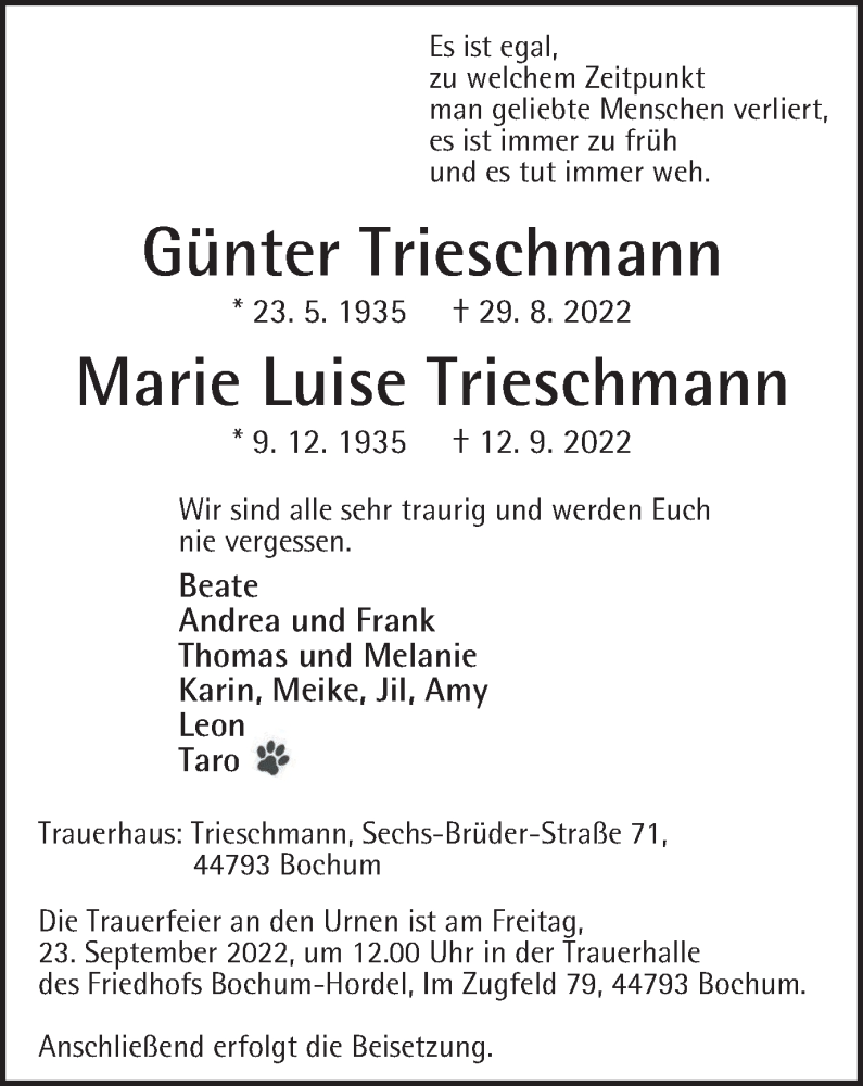  Traueranzeige für Günter und Marie Luise Trieschmann vom 21.09.2022 aus Tageszeitung