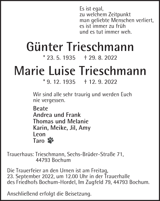 Traueranzeige von Günter und Marie Luise Trieschmann von waz