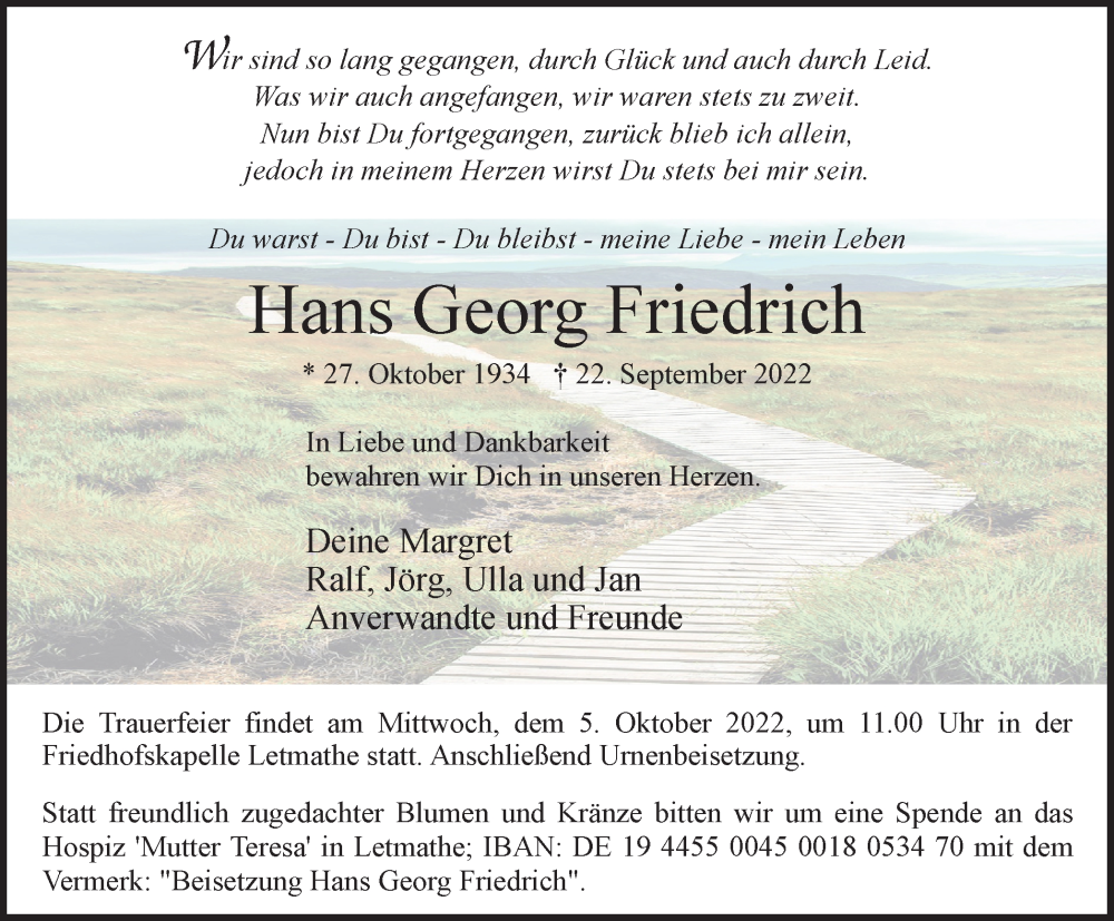  Traueranzeige für Hans Georg Friedrich vom 24.09.2022 aus waz