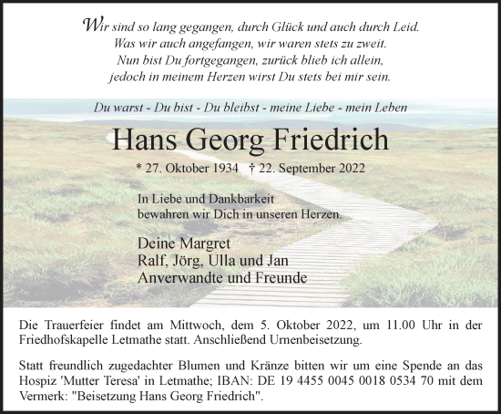 Traueranzeige von Hans Georg Friedrich von waz