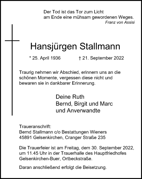 Traueranzeige von Hansjürgen Stallmann von waz