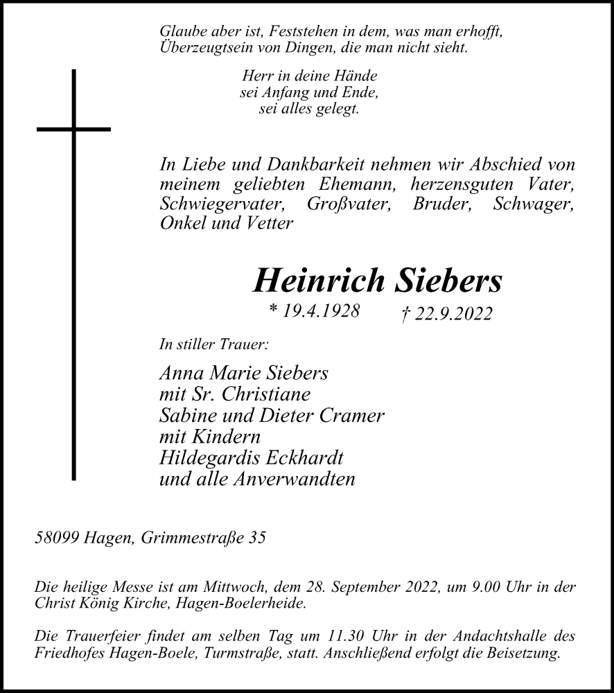  Traueranzeige für Heinrich Siebers vom 24.09.2022 aus waz