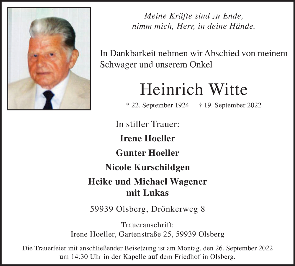  Traueranzeige für Heinrich Witte vom 22.09.2022 aus waz