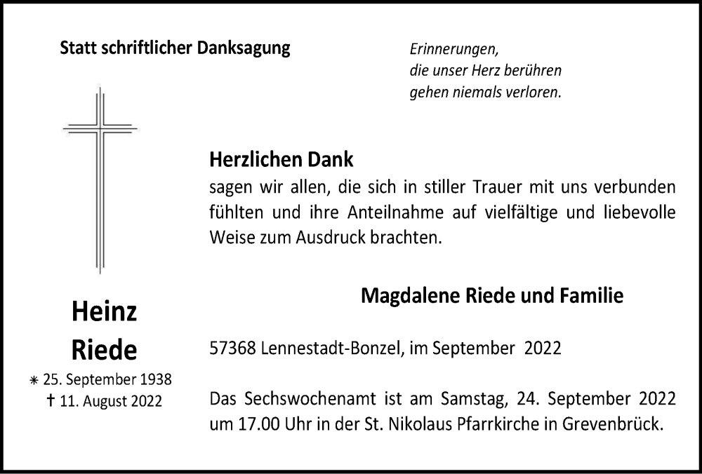  Traueranzeige für Heinz Riede vom 17.09.2022 aus waz