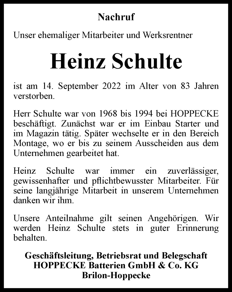  Traueranzeige für Heinz Schulte vom 22.09.2022 aus waz