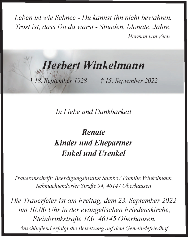  Traueranzeige für Herbert Winkelmann vom 22.09.2022 aus waz