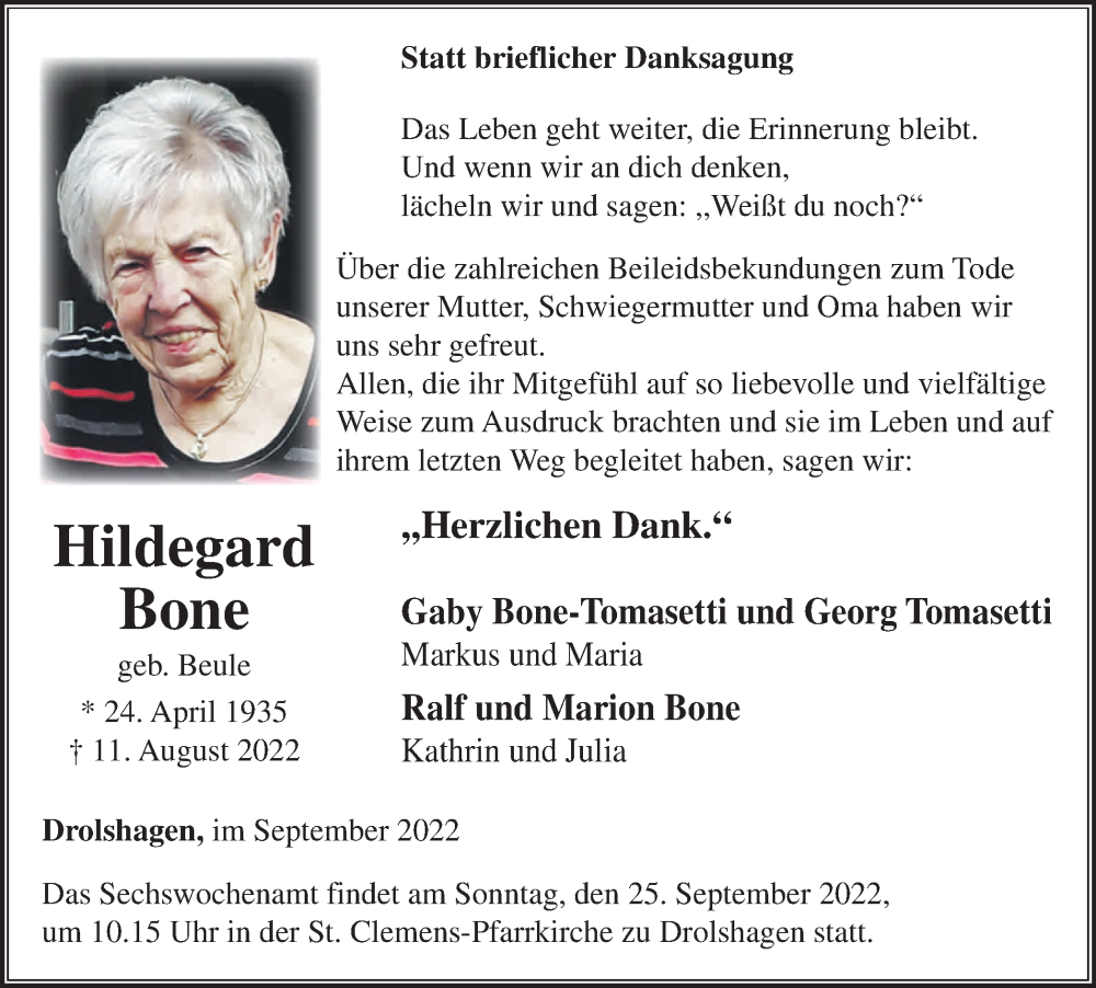  Traueranzeige für Hildegard Bone vom 17.09.2022 aus waz