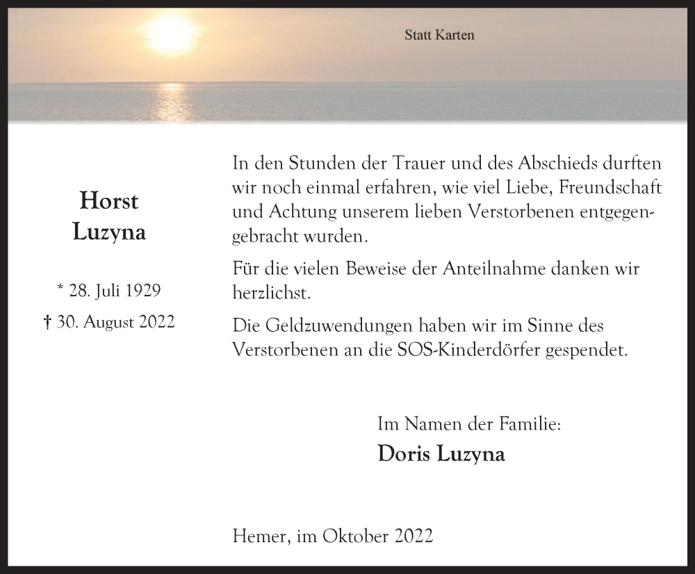  Traueranzeige für Horst Luzyna vom 01.10.2022 aus waz