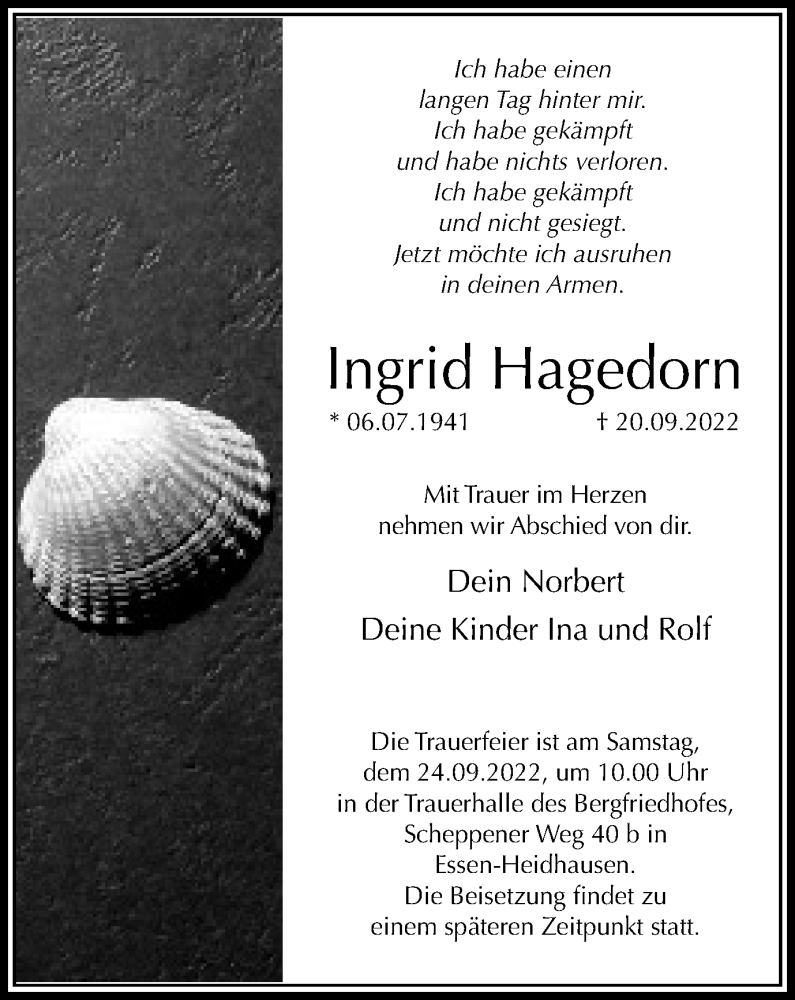  Traueranzeige für Ingrid Hagedorn vom 23.09.2022 aus waz