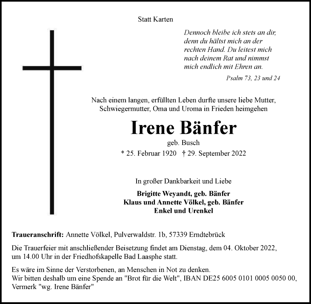  Traueranzeige für Irene Bänfer vom 01.10.2022 aus waz