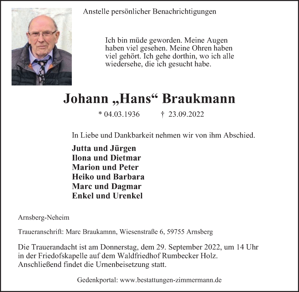  Traueranzeige für Johann Braukmann vom 24.09.2022 aus waz