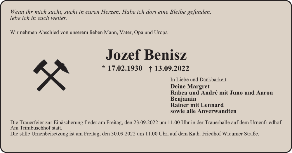  Traueranzeige für Jozef Benisz vom 22.09.2022 aus Tageszeitung