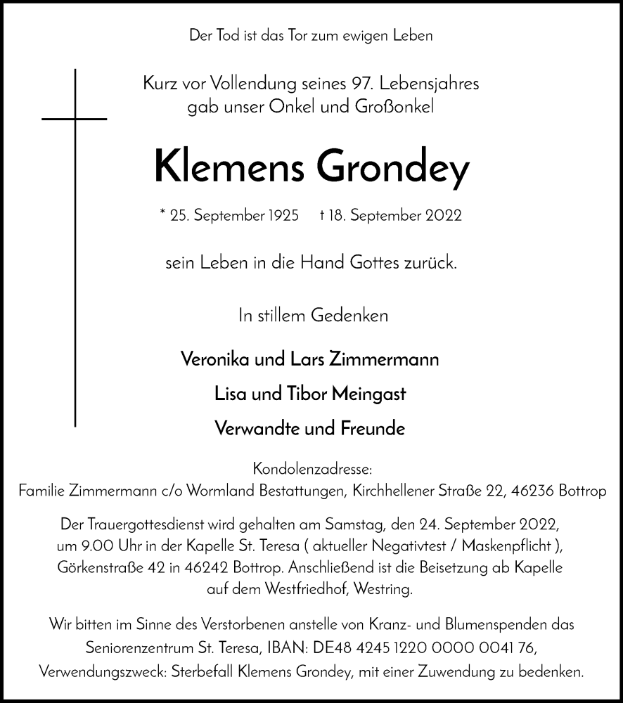  Traueranzeige für Klemens Grondey vom 21.09.2022 aus waz