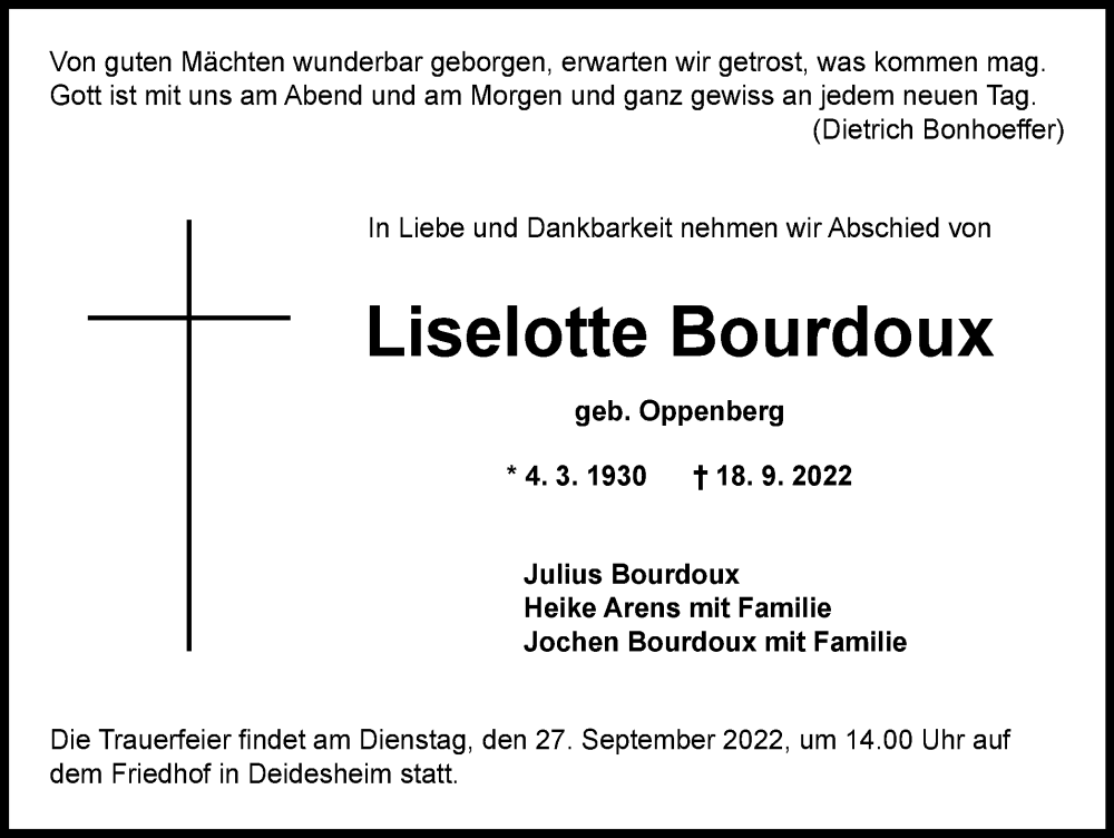  Traueranzeige für Liselotte Bourdoux vom 22.09.2022 aus waz