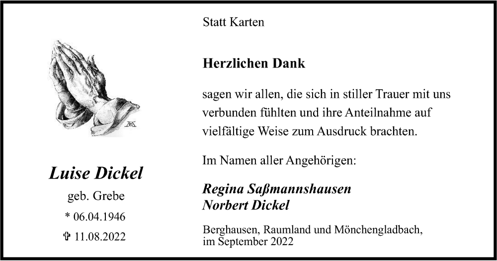  Traueranzeige für Luise Dickel vom 23.09.2022 aus Tageszeitung