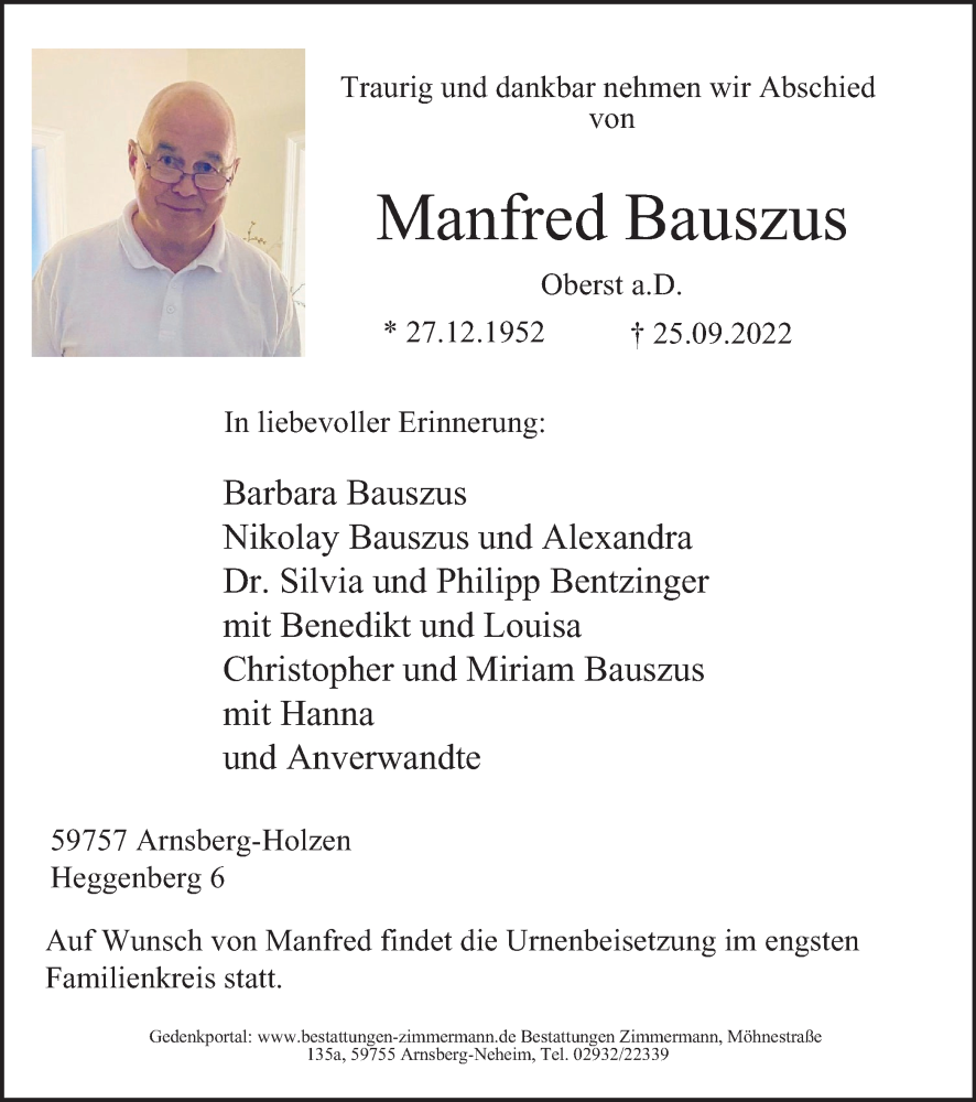  Traueranzeige für Manfred Bauszus vom 01.10.2022 aus Tageszeitung