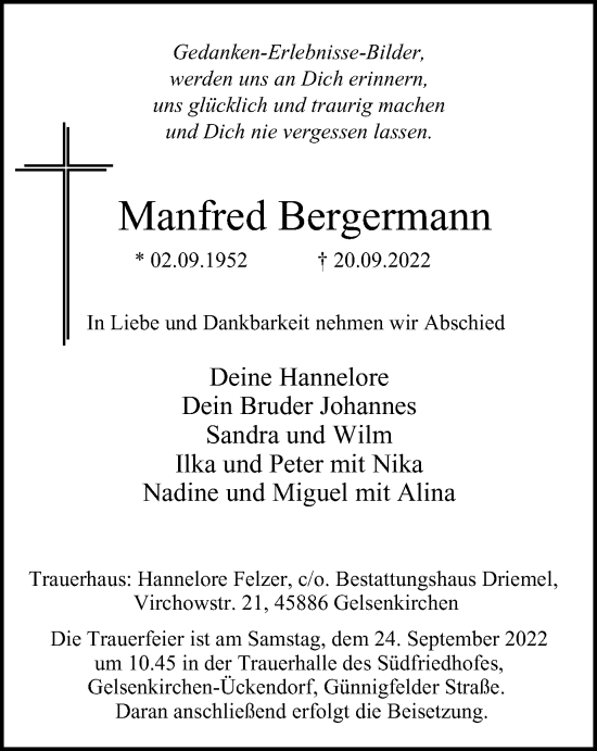 Traueranzeige von Manfred Bergermann von waz