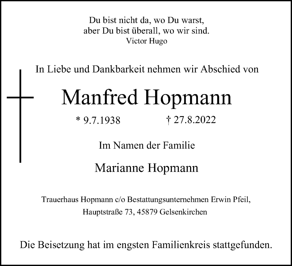  Traueranzeige für Manfred Hopmann vom 24.09.2022 aus waz