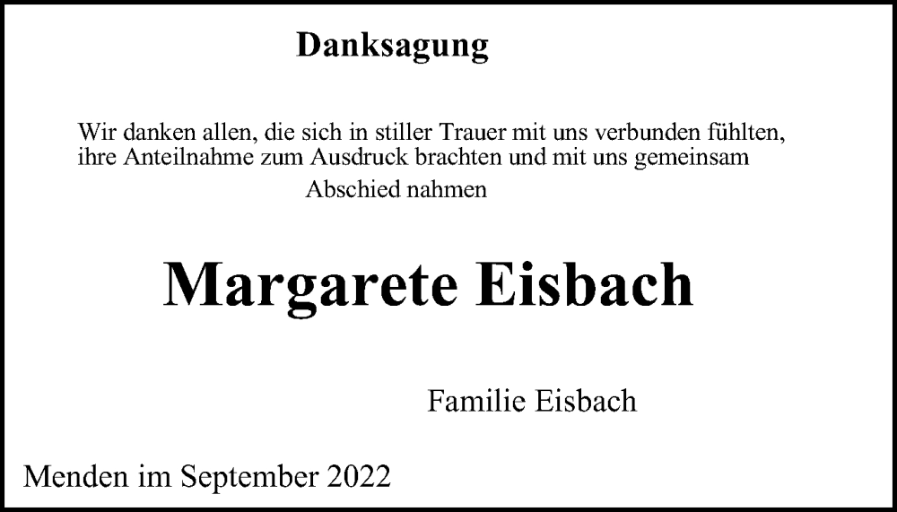  Traueranzeige für Margarete Eisbach vom 02.09.2022 aus waz