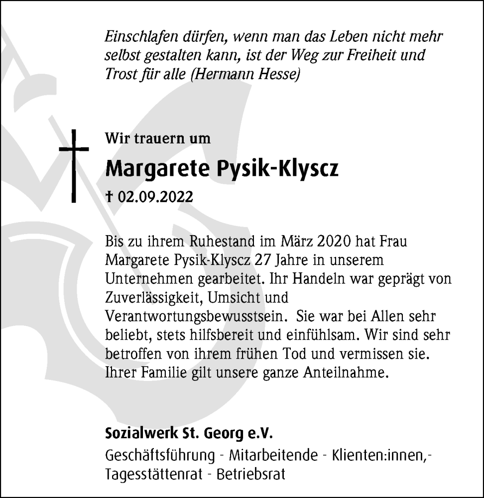  Traueranzeige für Margarete Pysik-Klyscz vom 22.09.2022 aus waz