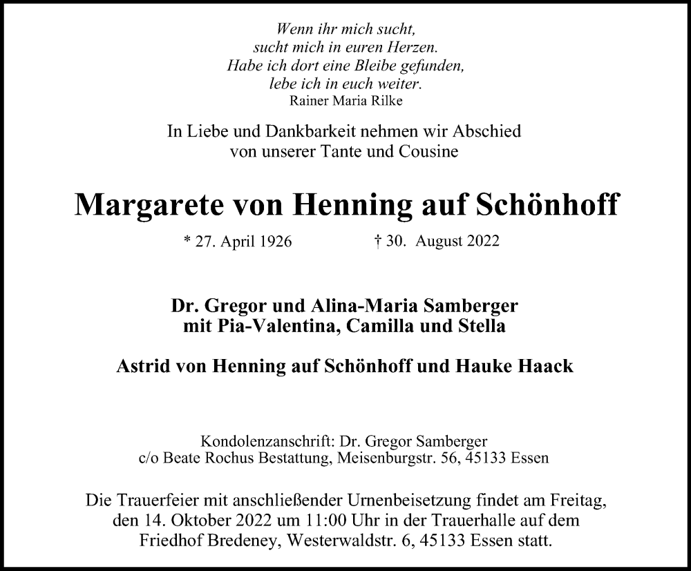  Traueranzeige für Margarete von Henning auf Schönhoff vom 01.10.2022 aus waz