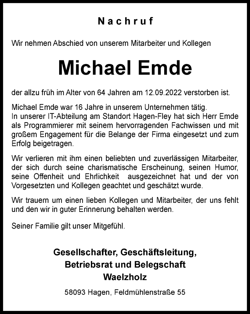  Traueranzeige für Michael Emde vom 22.09.2022 aus waz