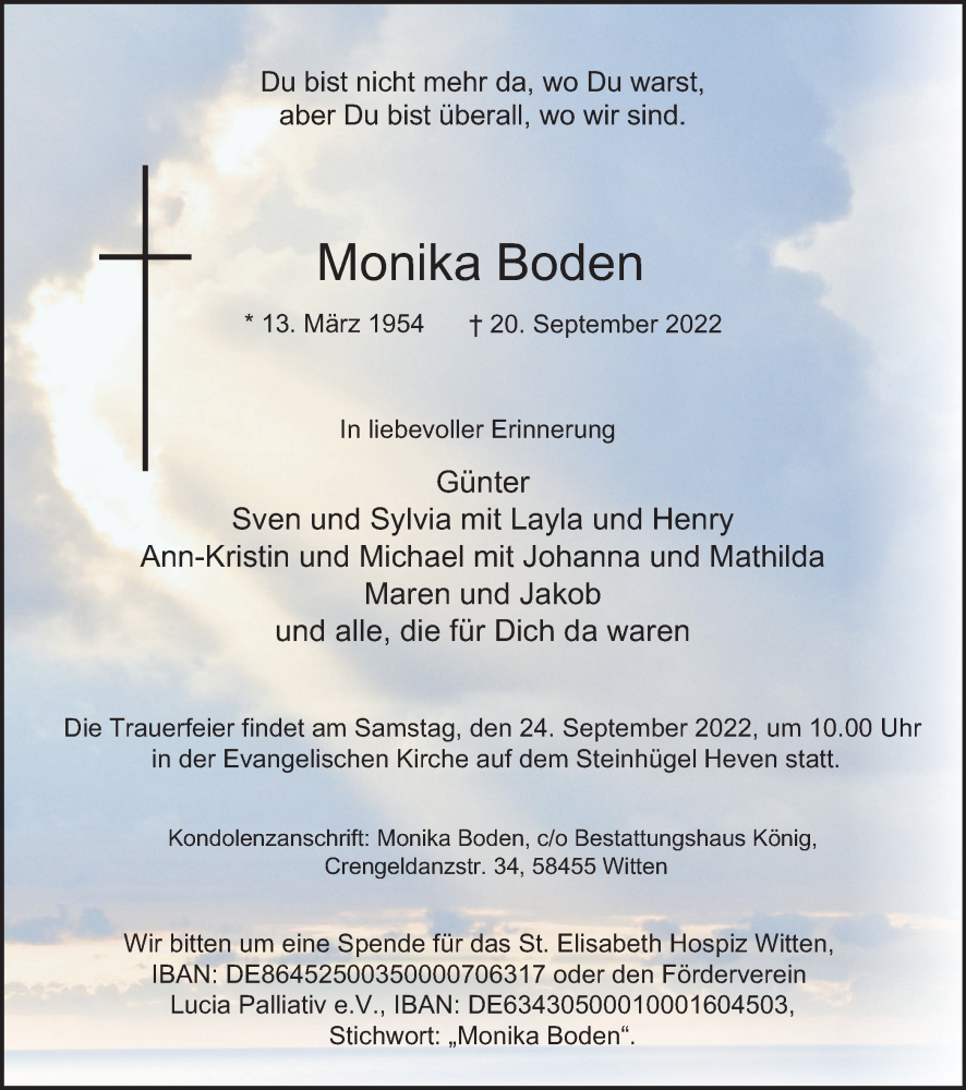  Traueranzeige für Monika Boden vom 22.09.2022 aus waz