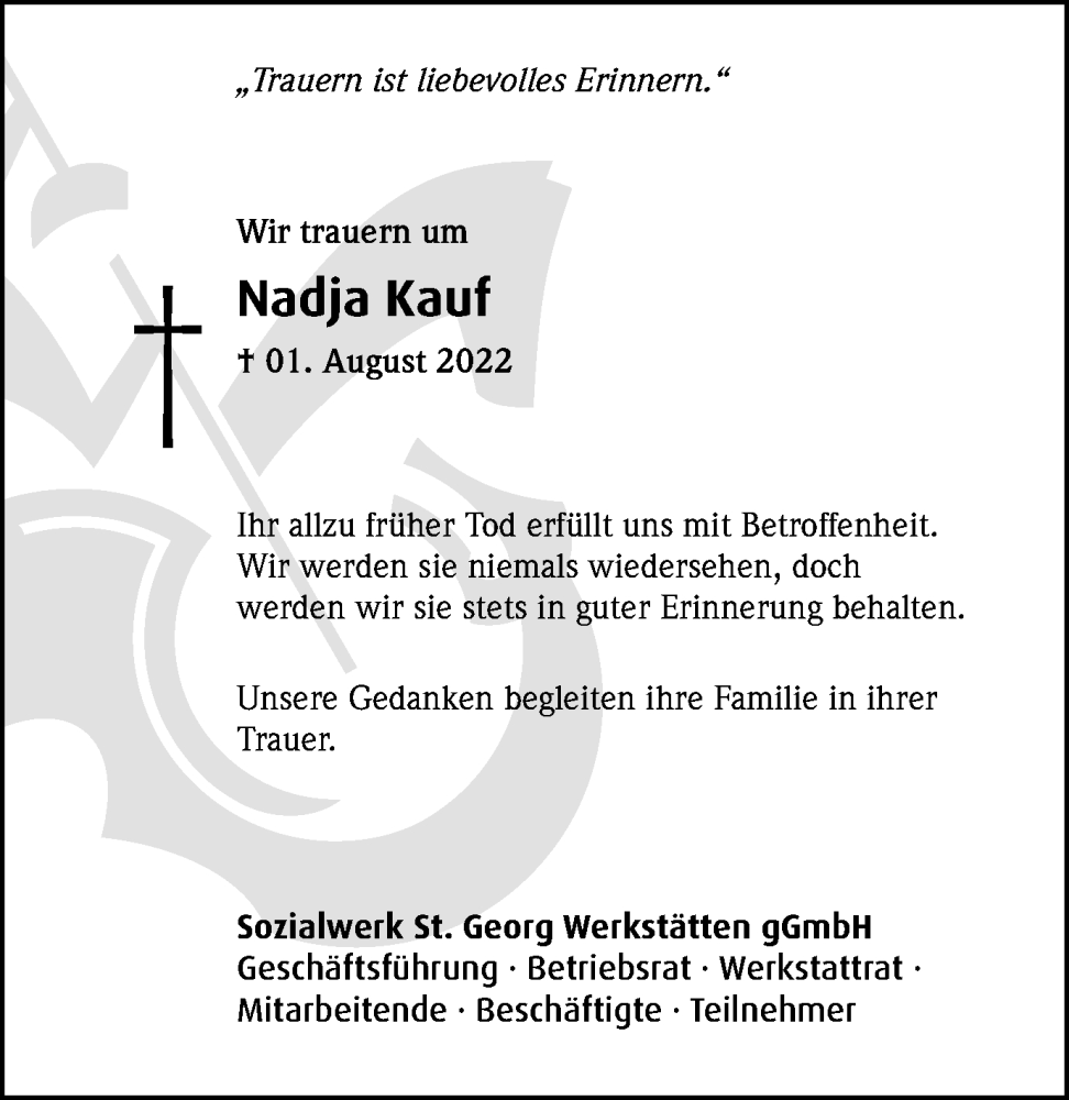 Traueranzeige für Nadja Kauf vom 22.09.2022 aus waz
